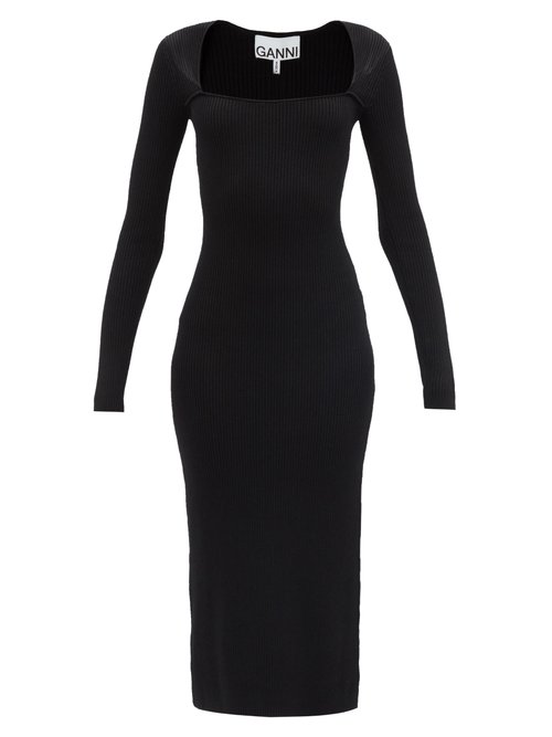 Ganni - Square-neck Ribbed-knit Midi Dress Black