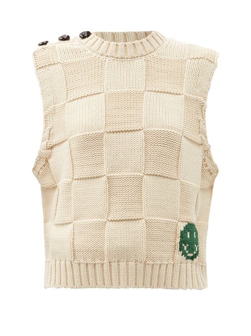 Ganni - Sleeveless Checkerboard-knit Cotton-blend Sweater Beige