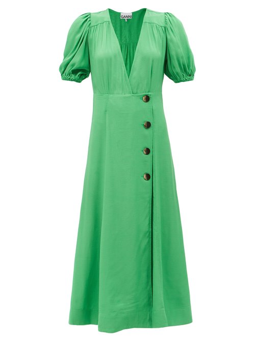 Ganni – Puff-sleeve Ripstop Wrap Midi Dress Green
