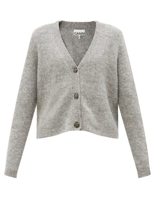 Ganni - V-neck Rib-knitted Cardigan Grey