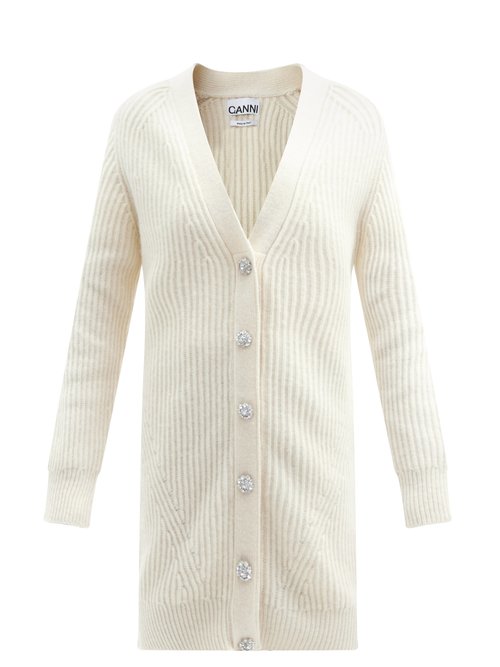 Ganni - Crystal-button Ribbed Recycled Wool-blend Cardigan Cream