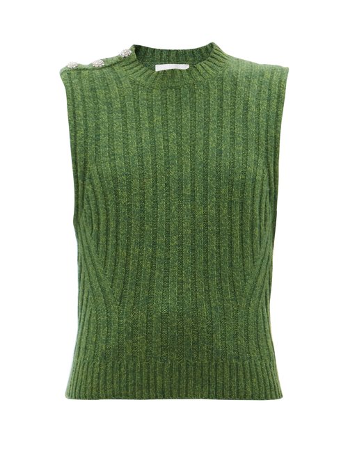 Ganni - Crystal-button Wool-blend Sleeveless Sweater Green