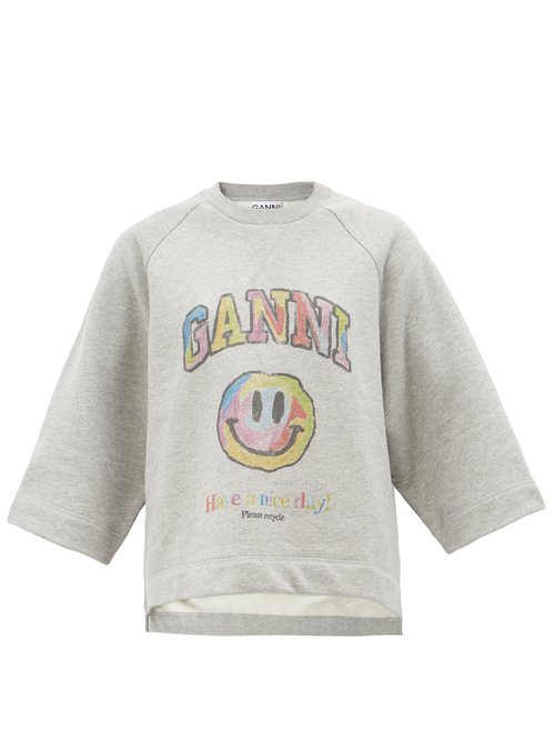 Ganni - Smiling Face-print Cotton-blend Sweatshirt Light Grey