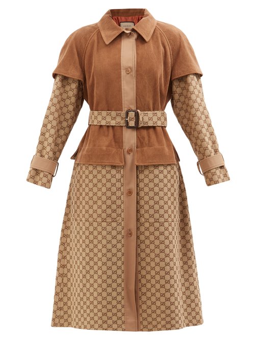 Gucci - Belted Corduroy And Gg-jacquard Canvas Trench Coat Beige