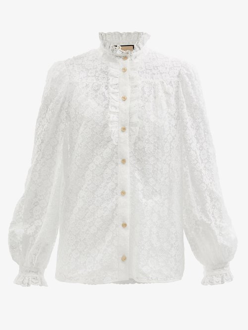 Gucci - Ruffled Cotton-blend Floral-lace Blouse White