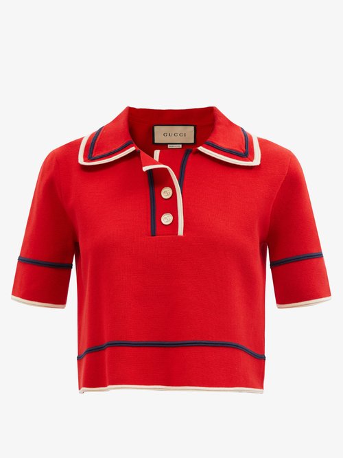 Gucci - GG-button Short-sleeve Cotton-blend Sweater Red