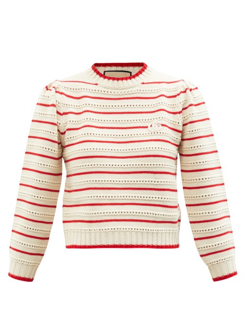 Gucci - GG-appliqué Striped Pointelle Wool Sweater Ivory Multi
