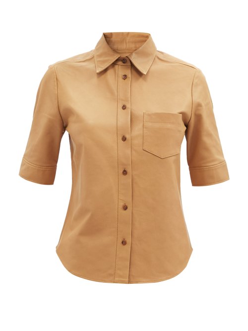 Frame - Short-sleeved Leather Shirt Camel