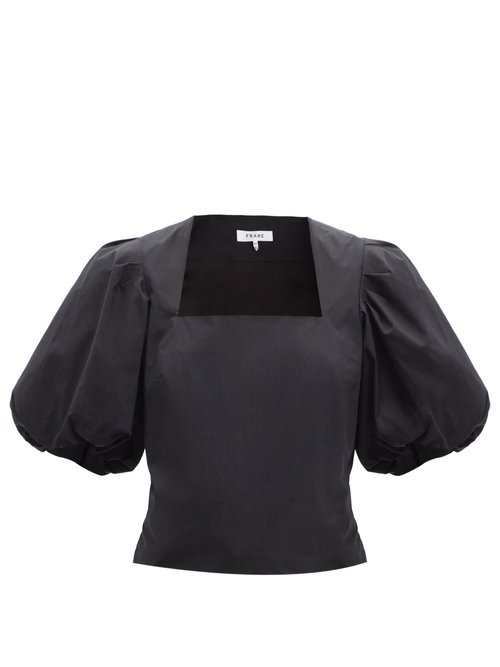 Frame - Nina Puffed-sleeved Cotton-poplin Cropped Top Black