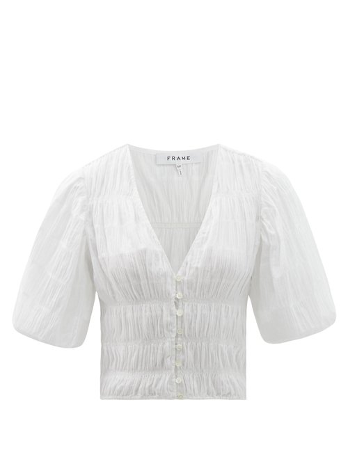 Frame - Julianne Puff-sleeve Cotton-blend Cropped Top White