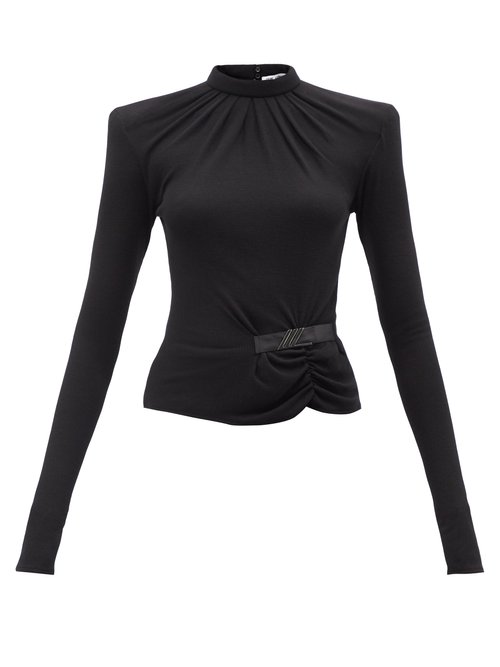 The Attico - Padded-shoulder Ribbed-knit Wool Top Black