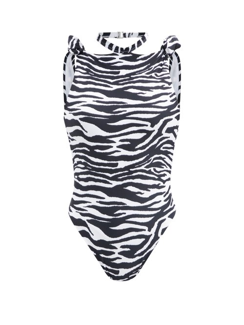The Attico - Halterneck Knotted Zebra-print Swimsuit White Black Beachwear