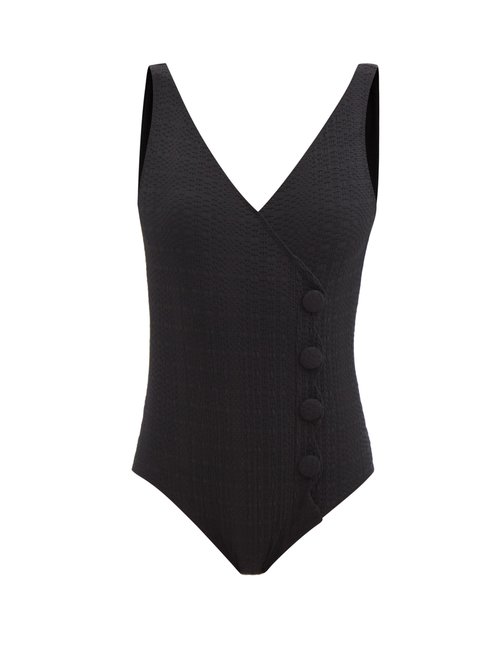 Lisa Marie Fernandez - Buttoned Wrap-front Textured Swimsuit Black Beachwear
