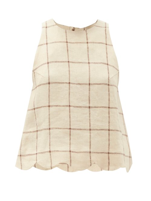 Buy Lisa Marie Fernandez - Scalloped-edged Checked Linen-blend Tweed Top Beige online - shop best Lisa Marie Fernandez 