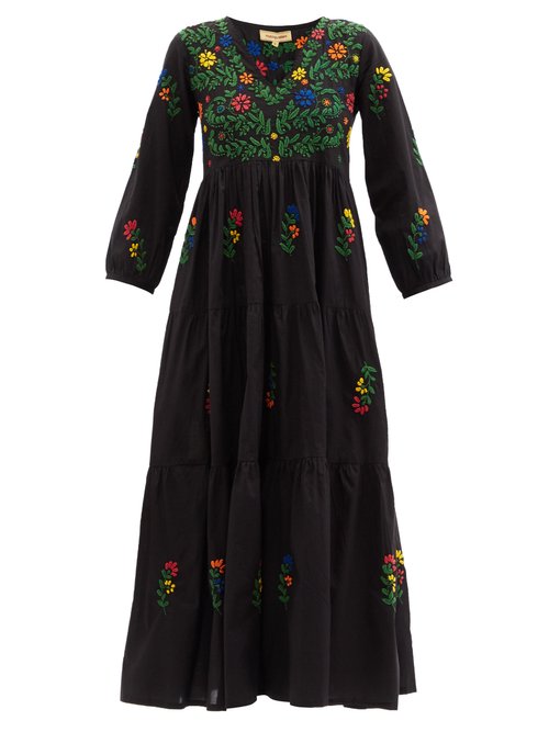 Muzungu Sisters - Frangipani Floral-embroidered Organic-cotton Dress Black