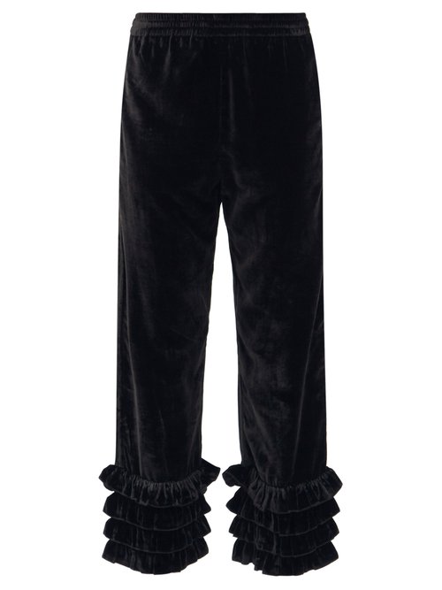 Muzungu Sisters - Talitha Ruffled Silk-blend Velvet Cropped Trousers Black Beachwear