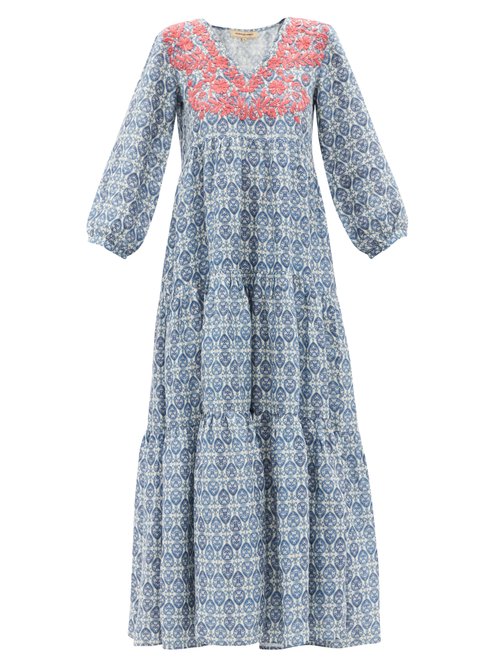 Muzungu Sisters - Frangipani Hand-embroidered Linen Maxi Dress Blue Print