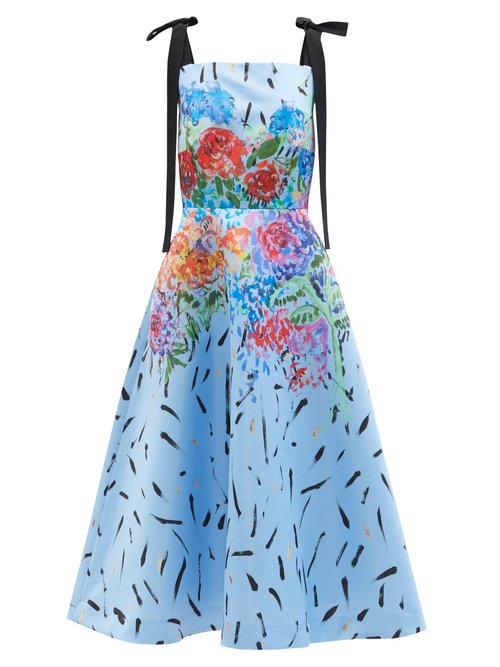 Christopher Kane - Floral-print Duchess-satin A-line Dress Blue Multi