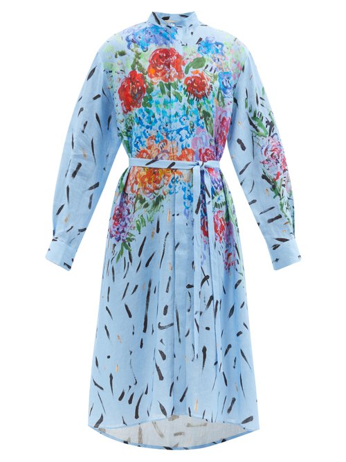 Christopher Kane - Floral Paint-print Linen Shirt Dress Blue Multi