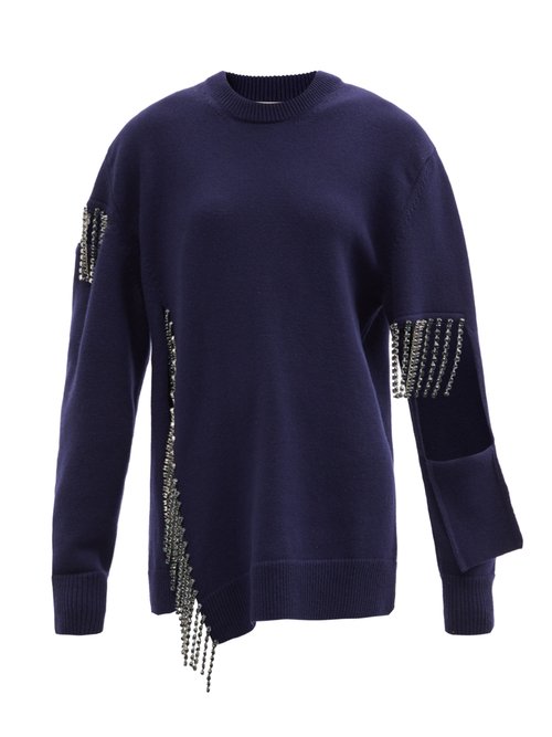 Christopher Kane - Crystal-fringe Cut-out Wool Sweater Navy