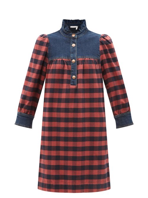 Buy See By Chloé - Denim-trim Checked Cotton-flannel Shirt Dress Red Multi online - shop best See By Chloé clothing sales