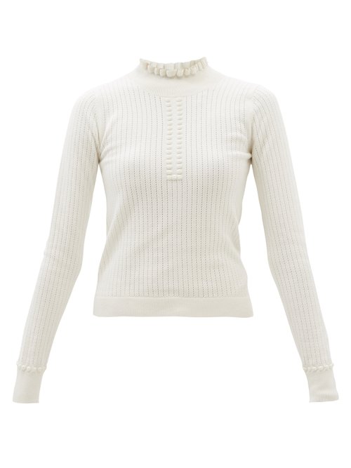 Buy See By Chloé - Frilled High-neck Pointelle-knit Cotton Sweater Ivory online - shop best See By Chloé 