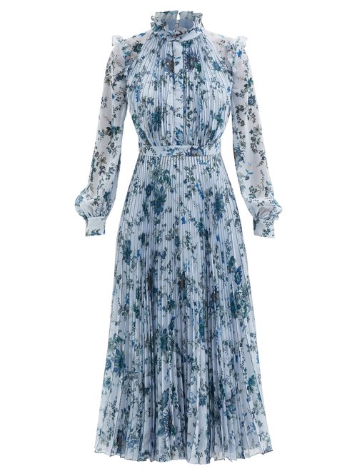 Erdem - Narella Hogarth-print Pleated-chiffon Dress Blue