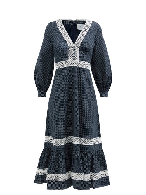 Erdem - Magdalene Lace-trim Cotton-poplin Dress Navy White