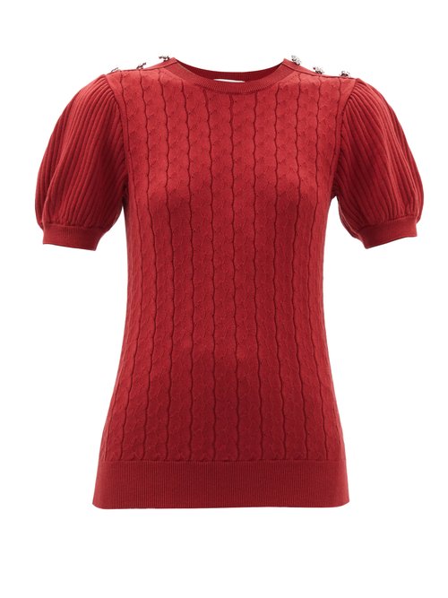 Erdem - Belva Puff-sleeve Cable-knit Cotton-blend Top Red