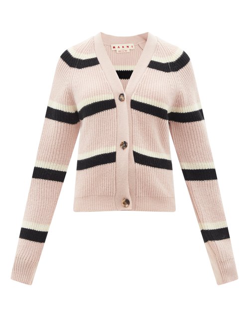 Marni - V-neck Striped Ribbed-wool Cardigan Pink