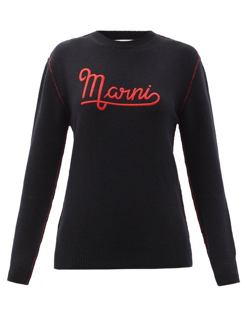 Marni - Logo-embroidered Wool Sweater Black Red