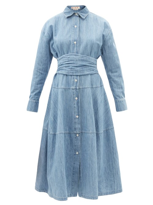 Marni - Belted Cotton-blend Chambray Shirt Dress Blue