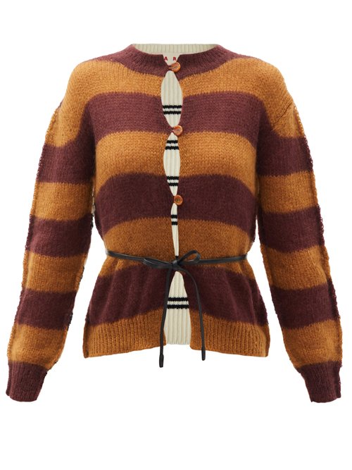 Marni - Belted Striped Mohair-blend Cardigan Brown