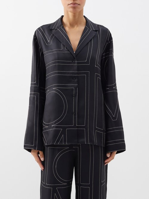 Totême - Monogram-embroidered Silk-twill Pyjama Top Black