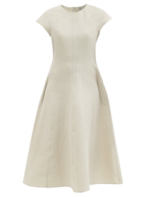 Totême - Cap-sleeve Linen-blend Midi Dress Light Grey