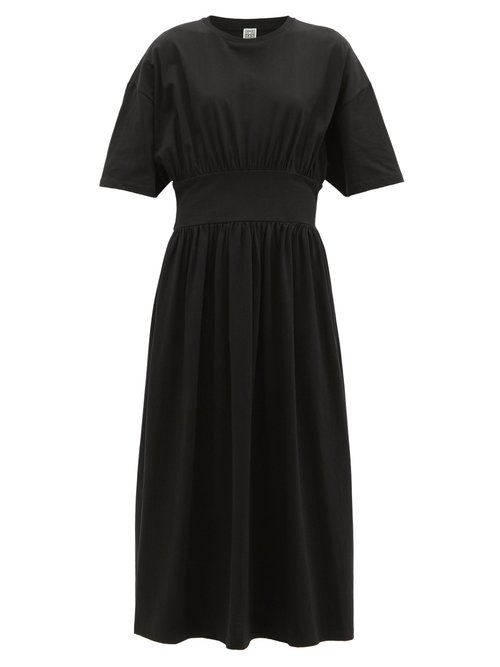 Totême - Gathered-waist Organic-cotton Jersey Midi Dress Black