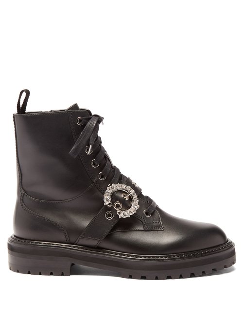 Jimmy Choo – Cora Crystal-buckle Leather Boots Black
