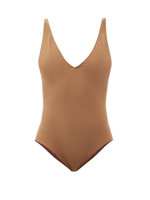 Totême - Deep V-neck Recycled-fibre Swimsuit Light Brown Beachwear