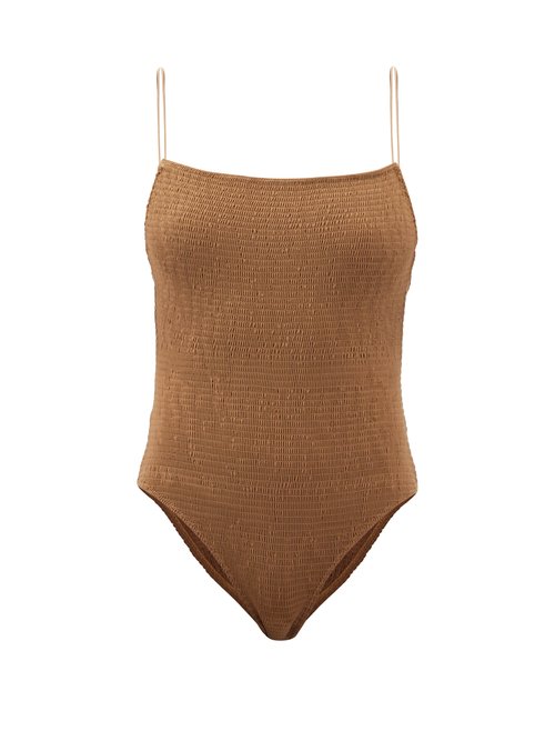 Totême - Shirred Recycled-fibre Swimsuit Light Brown Beachwear