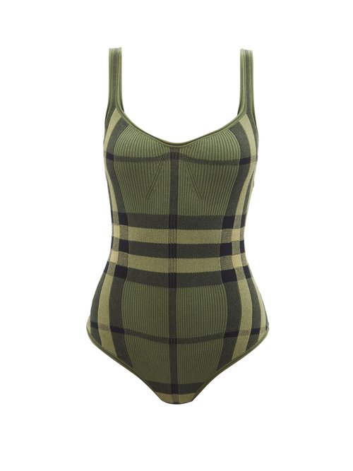 Burberry - Check-jacquard Ribbed Cotton-blend Body Suit Green