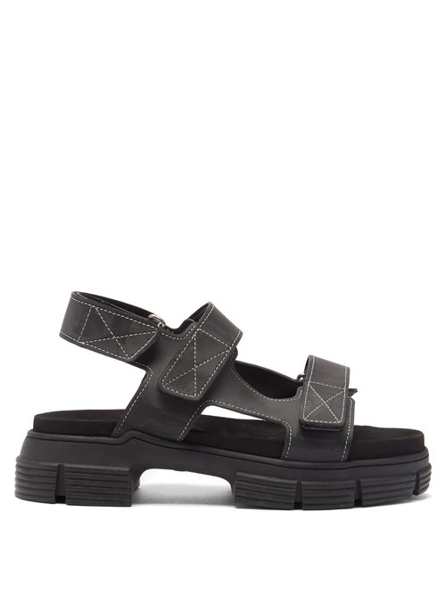 Ganni - Chunky Topstitched-leather Sandals Black