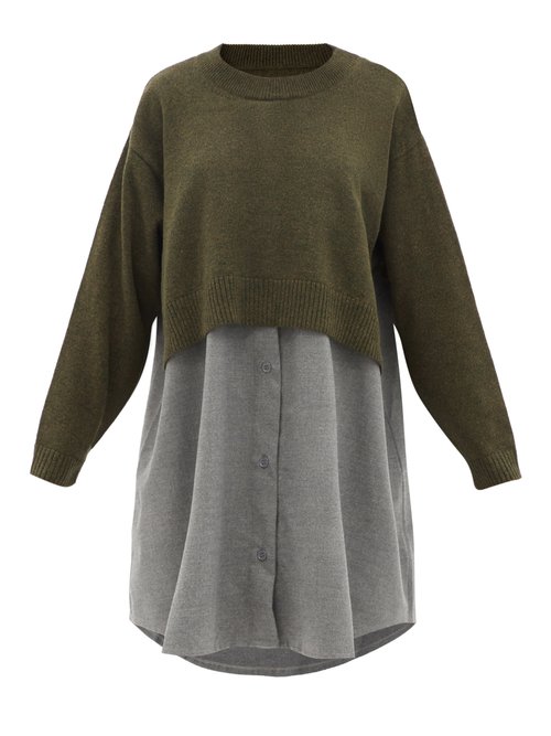 Mm6 Maison Margiela - Sweater-panel Wool-blend Shirt Dress Khaki