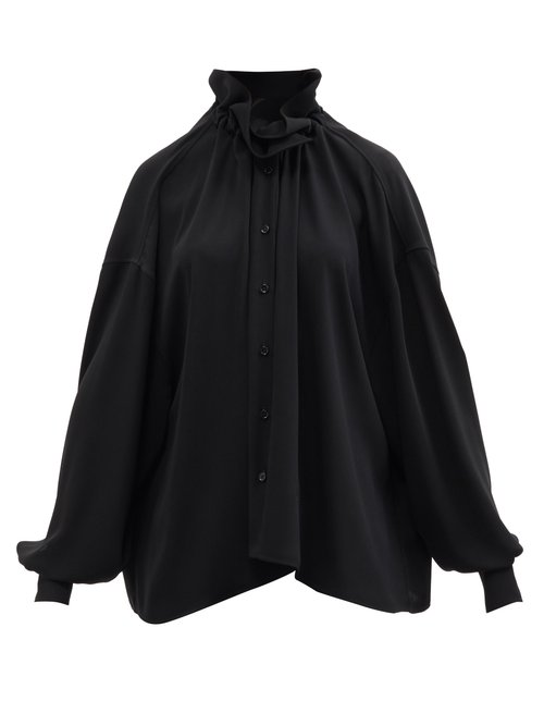 Mm6 Maison Margiela - Ruffled-neckline Balloon-sleeve Crepe Blouse Black