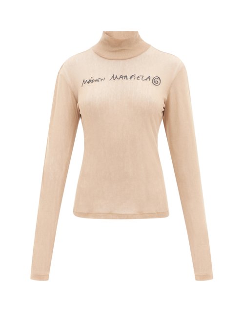 Mm6 Maison Margiela - Logo-print Stand-neck Jersey And Mesh Top Nude