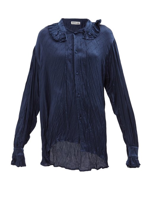 Balenciaga - Asymmetric Logo-jacquard Silk-satin Blouse Blue
