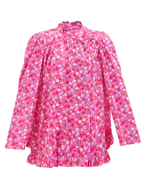 Balenciaga - Floral-print Pussybow-tie Crepe Blouse Pink