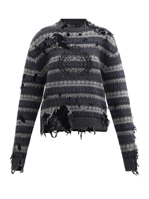 Balenciaga - Logo-embroidered Distressed Wool-blend Sweater Multi