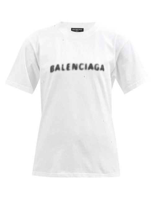 Balenciaga - Distressed Logo-print Cotton-jersey T-shirt White Black