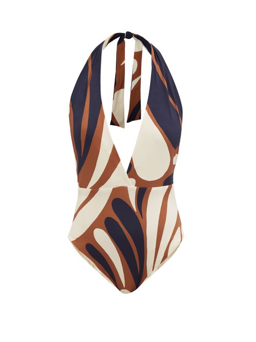 Cala De La Cruz - Mara Abstract-print Halterneck Swimsuit Brown Multi Beachwear