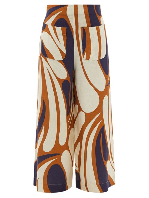 Cala De La Cruz - Valerie Abstract-print Linen Wide-leg Trousers Brown Multi Beachwear